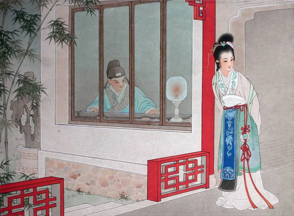王叔晖彩色组画《西厢记·听琴》